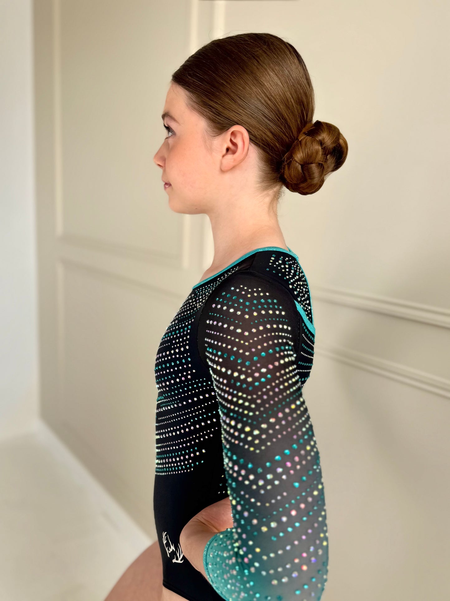 Mesh sleeved competition leotard.