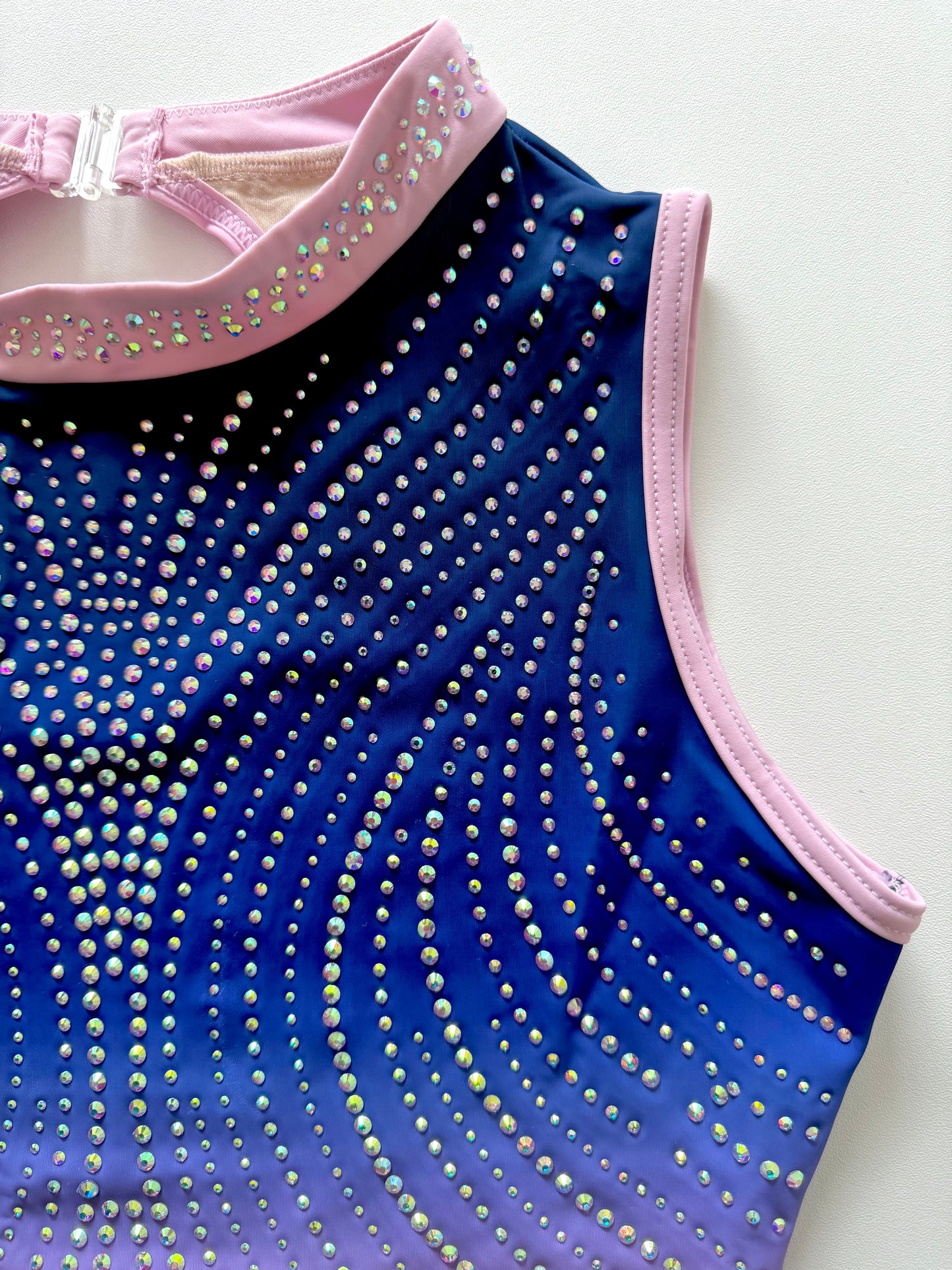 Navy and pink gymnastics leotard.
