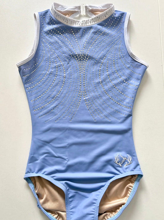 Cornflower blue gymnastics leotard.